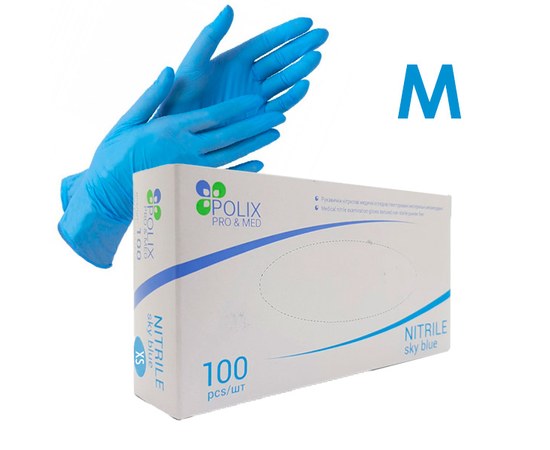 Зображення  Рукавички медичні нітрилові неопудрені Polix Pro&Med Sky Blue M (100 шт/пачка) блакитні, Розмір рукавичок: M, Колір: Блакитний