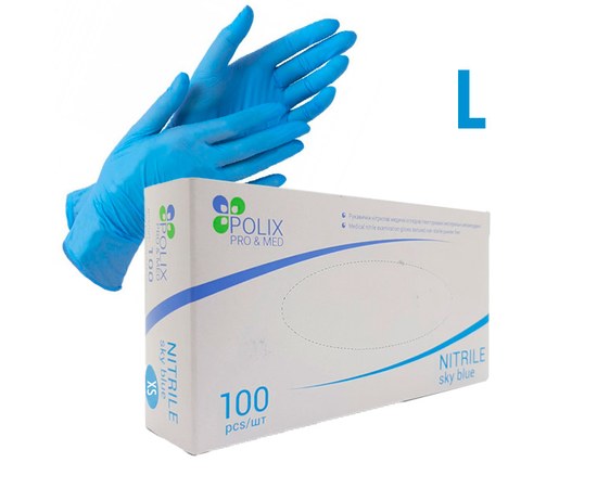 Зображення  Рукавички медичні нітрилові неопудрені Polix Pro&Med Sky Blue L (100 шт/пачка) блакитні, Розмір рукавичок: L, Колір: Блакитний