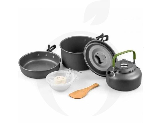 Изображение  Set of tourist aluminum cookware DS-308 3in1 (pot, frying pan, kettle) with wooden spatula and plastic bowls