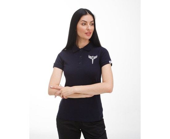 Изображение  Medical women's polo dark blue with embroidery Caduceus s. L, "WHITE COAT" 147-406-836, Size: L, Color: navy blue