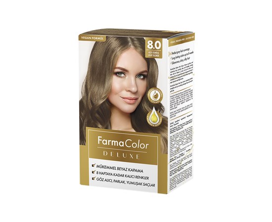 Изображение  Cream hair dye Farmasi Farma Color Deluxe 8.0 Light Blonde, 50 ml, Volume (ml, g): 50, Color No.: 8.0 light blond