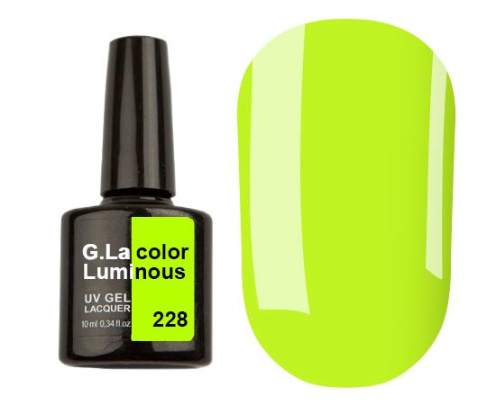 Зображення  Гель-лак G. La Color UV Gel Lacquer Luminous №228 салатово-жовтий неоновий, 10 мл, Об'єм (мл, г): 10, Цвет №: 228