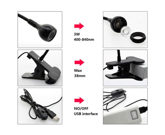 Изображение 5 Лампа UV для сушки гель лака, гелевых типс с USB-разъемом (настольная, гибкая, с прищепкой), 5 Вт. Чёрный