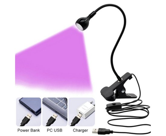 Изображение  Ultraviolet LED USB lamp with a clip on a clothespin, black