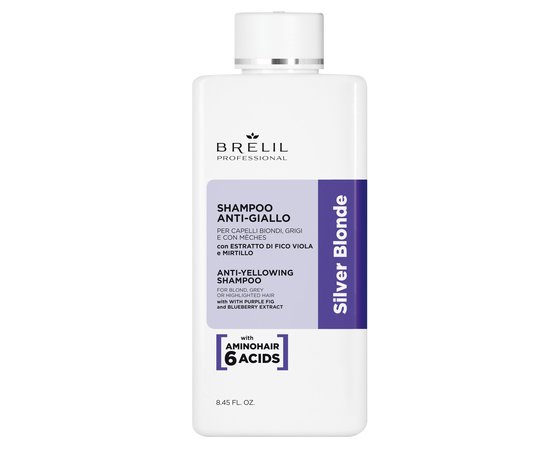 Изображение  Шампунь для волос антижелтизна Brelil Anti-Yellowing Shampoo Silver Blonde, 250 мл, Объем (мл, г): 250