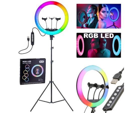 Изображение  Colored ring lamp MJ-36 RGB for 30 W. (Diameter - 36 cm.) with a tripod and 3 holders, on USB