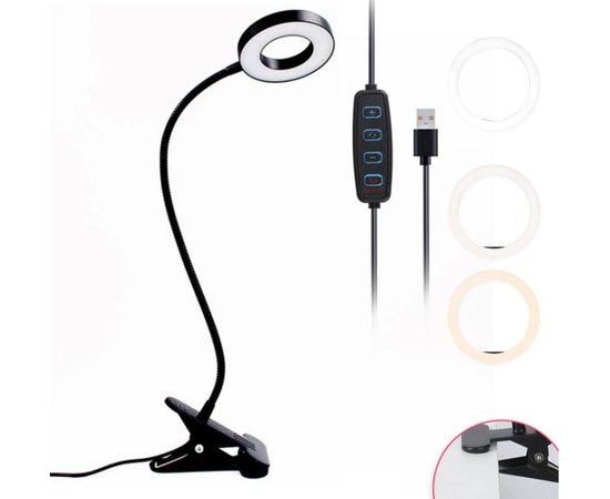 Изображение  Table mini LED ring lamp FS-18 for lighting (flexible, on a clip) on USB, 5 W. Black