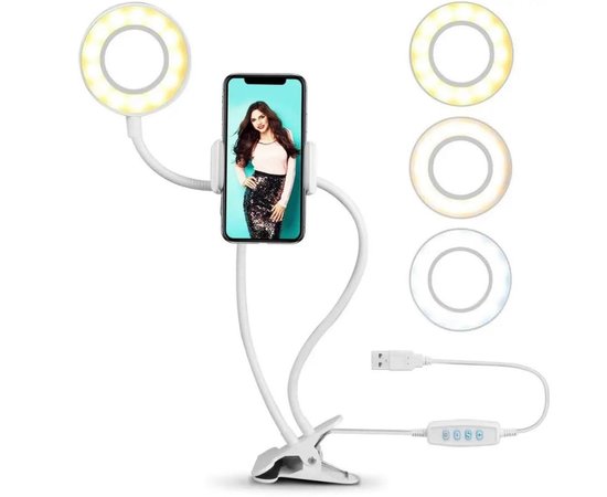 Изображение  2-in-1 blogger kit FS-019 - flexible tripod on a clip with a ring LED lamp and a phone holder, 5 W. White