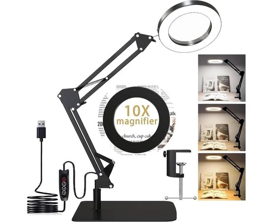 Изображение  Desktop magnifying lamp (x10) FS-057, 12 W. - 2 in 1: on a stand and a clamp with a mount Black