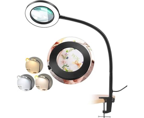 Изображение  Desktop LED magnifying lamp FS-059 (x5 magnification) on a flexible black leg on a clamp, 12 W.