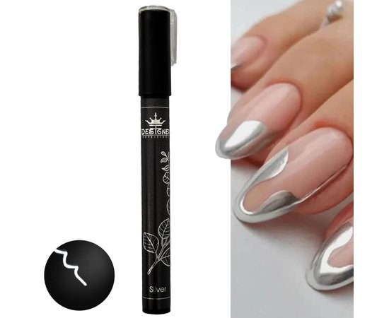 Зображення  Дзеркальна ручка-маркер Chrom metal nail pen Дизайнер для малювання на нігтях та створення нейл-арту (1мм) Silver