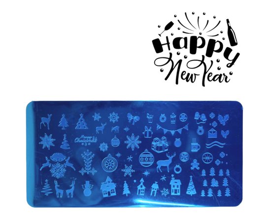 Изображение  Metal stamping disc (small), for nail design (12 cm * 6 cm) / New Year's #6 - snowflakes, deer, fir trees