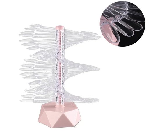 Изображение  Oval fan palette with transparent tips on a stand for painting gel polishes, 60 pcs Pink