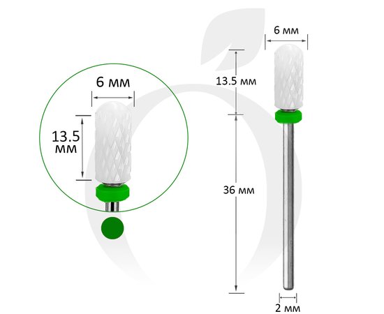 Изображение  Фреза керамическая цилиндр зеленая 6 мм, рабочая часть 13.5 мм