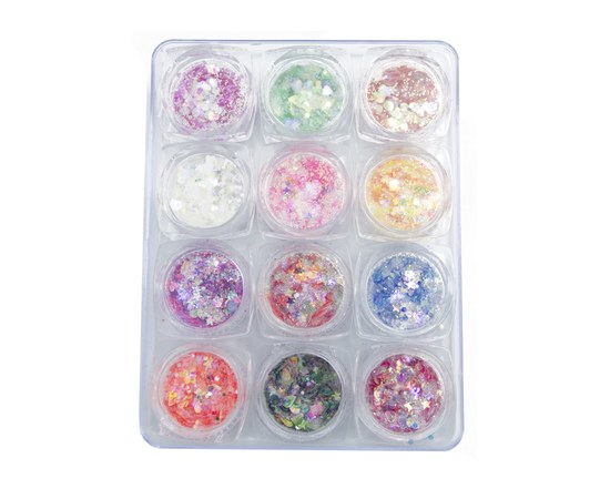 Изображение  Блестки Lilly Beaute упаковка 12 шт — Звездочки, сердечки, шестирганники разноцветные