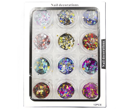 Зображення  Конфетті різнокольорові для декору нігтів в наборі з 12 шт