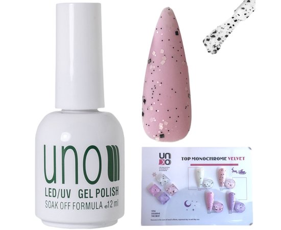 Изображение  Matte top coat UNO Monochrome Vervet Top for nails with black and white particles, 12 ml.