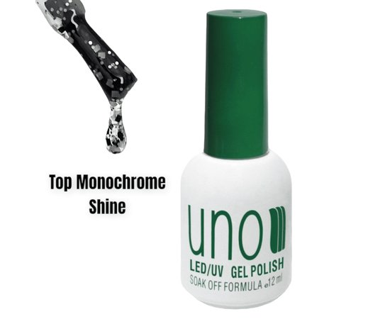 Изображение  Top coat UNO Top Monochrome Shine for gel polish with black and silver particles, 12 ml.