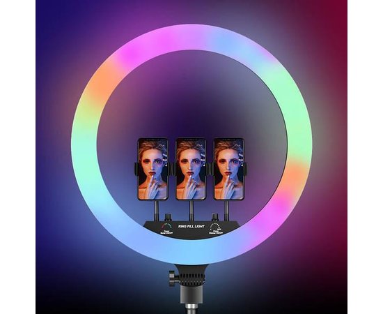 Зображення 5 Кільцева світлодіодна селфі лампа RGB MJ-56 см. (кольорова) на 80 Вт. зі штативом, 3 тримачами та пультом