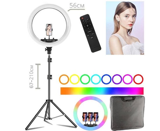 Зображення 3 Кільцева світлодіодна селфі лампа RGB MJ-56 см. (кольорова) на 80 Вт. зі штативом, 3 тримачами та пультом