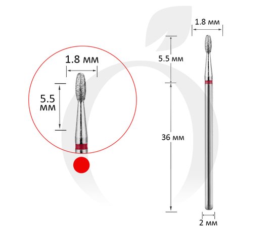 Зображення  Фреза алмазна бутон червона 1.8 мм, робоча частина 5.5 мм (A12)