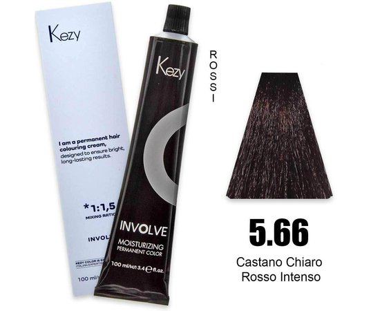 Зображення  Крем-фарба для волосся Kezy Involve Color 5.66 Intense Red Light Brown (світло-коричневий інтенсивний червоний), 100 мл, Об'єм (мл, г): 100, Колір: 5.66