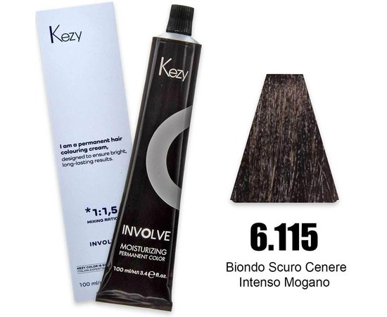 Зображення  Крем-фарба для волосся Kezy Involve Color 6.115 Mahogany Intense Ash Dark Blond (темний блонд холодний махагон), 100 мл, Об'єм (мл, г): 100, Колір: 6.115