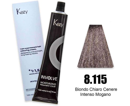 Изображение  Крем-краска для волос Kezy Involve Color 8.115 Mahogany Intense Ash Light Blond (светлый блонд интенсивный пепельный махагон), 100 мл, Объем (мл, г): 100, Цвет: 8.115