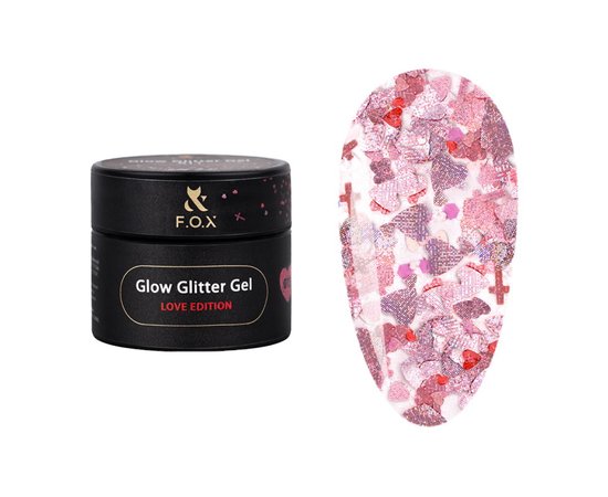 Изображение  F.O.X Glow Glitter Gel Love Edition №013 pink holographic hearts with crosses, 5 ml