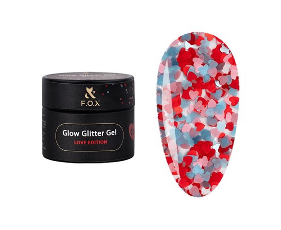 Изображение  F.O.X Glow Glitter Gel Love Edition №015 red blue and pink hearts, 5 ml