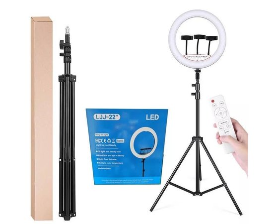 Изображение 6 Кольцевая LED лампа LJJ-22 (56см.) со штативом, пультом и креплениями для телефона, 70Вт