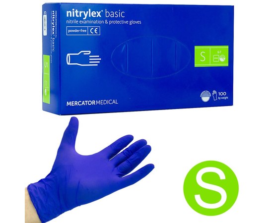 Зображення  Рукавички нітрилові Nitrylex Mercator Medical 100 шт, S Сині, Розмір рукавичок: S