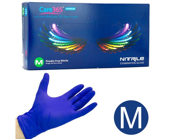 Зображення  Рукавички нітрилові одноразові Care 365, 100 шт M, Сині, Розмір рукавичок: M, Колір: Синій