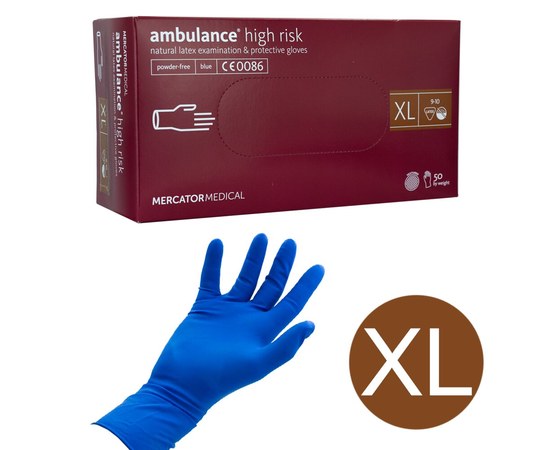 Изображение  Latex gloves 50 grams thick, 50 pcs XL disposable Mercator Medical Blue