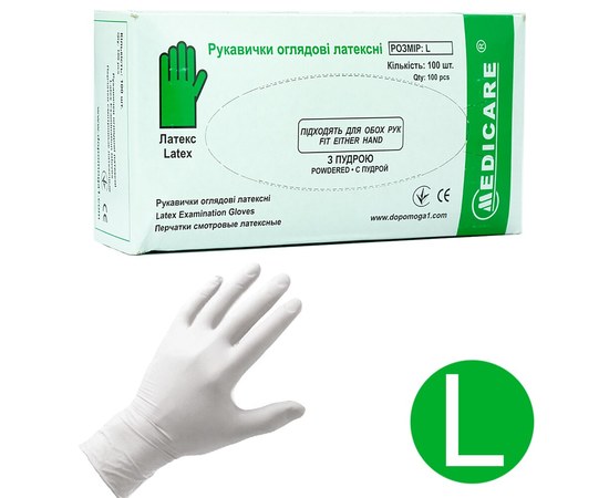 Изображение  Latex gloves Medicare powdered 100 pcs, L, White