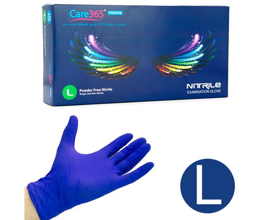 Изображение  Перчатки нитриловые одноразовые Care 365, 100 шт L, Синие, Размер перчаток: L, Цвет: Синий