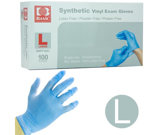 Зображення  Рукавички вінілові Basic Vinyl Synthetic Exam Gloves L 100 шт, Блакитні