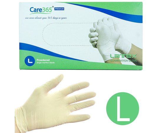 Изображение  Перчатки латексные одноразовые опудренные Care 365, 100 шт L, Белые