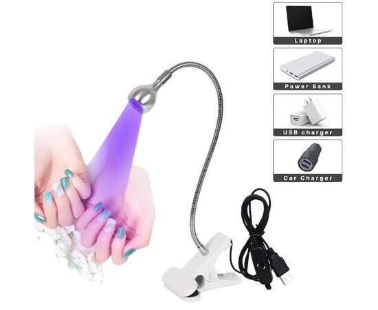Изображение 3 Лампа UV для сушки гель лака, гелевых типс с USB-разъемом (настольная, гибкая, с прищепкой), 5 Вт. Разные цвета, Белый