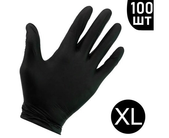 Зображення  Рукавички нітрилові непудровані чорні 100 шт, XL, Розмір рукавичок: XL
