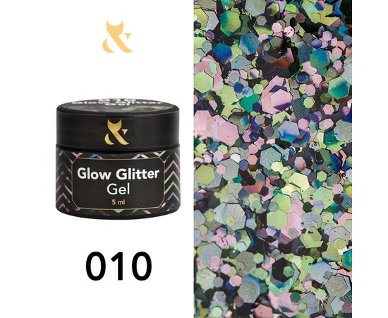 Изображение  Глиттерный гель F.O.X Glow Glitter Gel 010 зеркальное сияние из зеленых, розовых и голографических шестиугольников, 5 мл