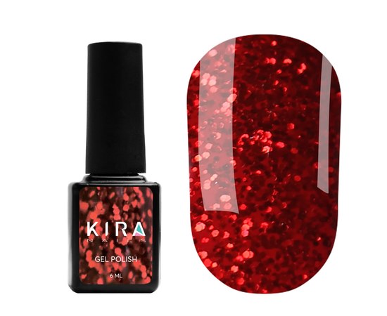 Изображение  Гель-лак Red Hot Kira Peppers №002 (красный с коралловыми блестками), 6 мл, Цвет №: 002
