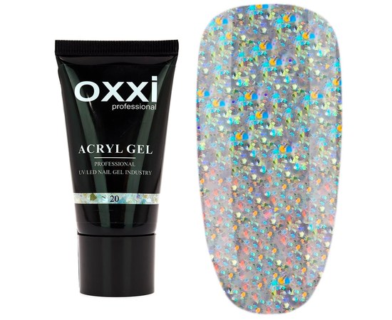 Изображение  Oxxi Professional Acryl Gel 30 ml, No. 20 transparent with large holographic sparkles