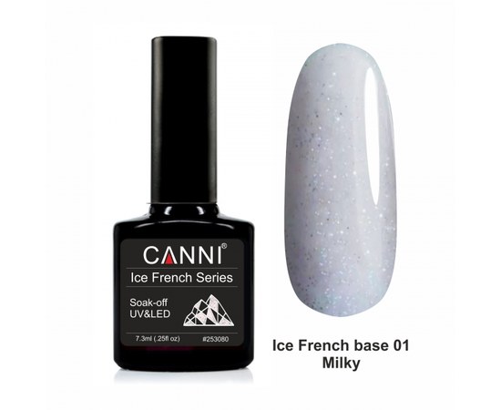 Изображение  Base coat Ice French base CANNI 01 milky translucent with silver glitter, 7.3 ml, Volume (ml, g): 44992, Color No.: 1