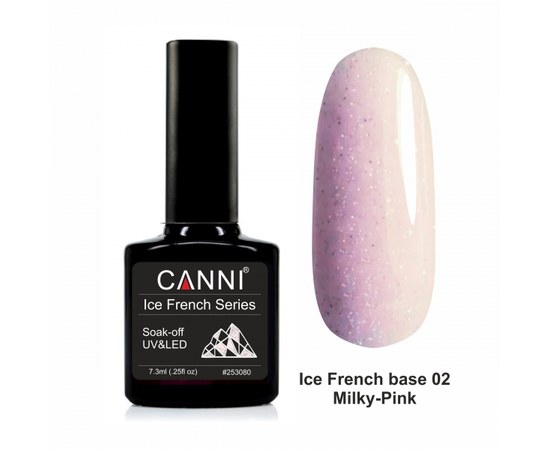 Зображення  Базове покриття Ice French base CANNI 02 молочно-рожевий напівпрозорий з голографічним блиском, 7,3 мл, Об'єм (мл, г): 7.3, Цвет №: 02