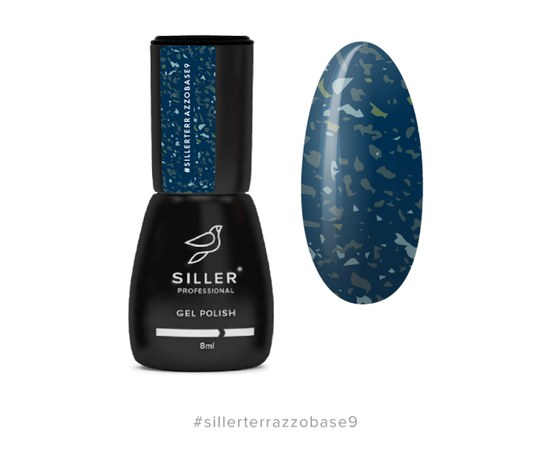 Зображення  Камуфлююча база для нігтів Siller Terrazzo Base 8 мл, № 9 бірюзово-синя з салатовою поталлю, Об'єм (мл, г): 8, Цвет №: 009
