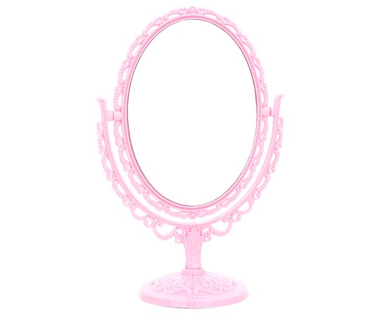 Изображение  Косметическое зеркало двустороннее круглое с завитками розовое, 11х16 см