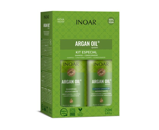 Изображение  Бессульфатный шампунь и кондиционер для жирных волос Inoar Duo Argan Oil Hidratante, 2х250 мл