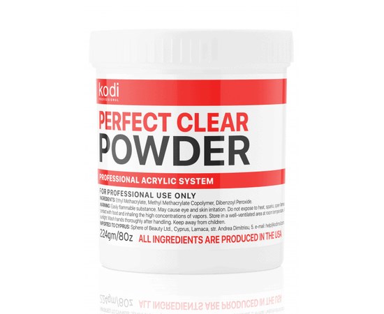 Изображение  Acrylic powder for nails Kodi Clear Powder (acrylic transparent) 224 g, Weight (g): 224, Color No.: clear
