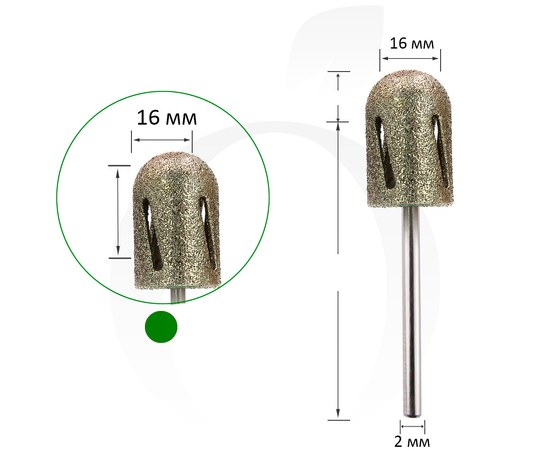 Зображення  Фреза алмазна для педикюру Циліндр зелений 16 мм, Діаметр головки фрези (мм): 16, Колір: Зелений